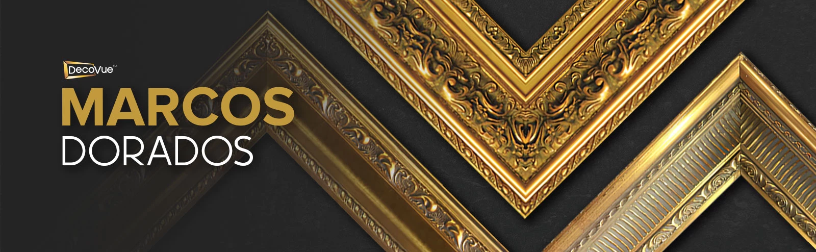 Tres estilos diferentes de marcos dorados con un fondo negro.