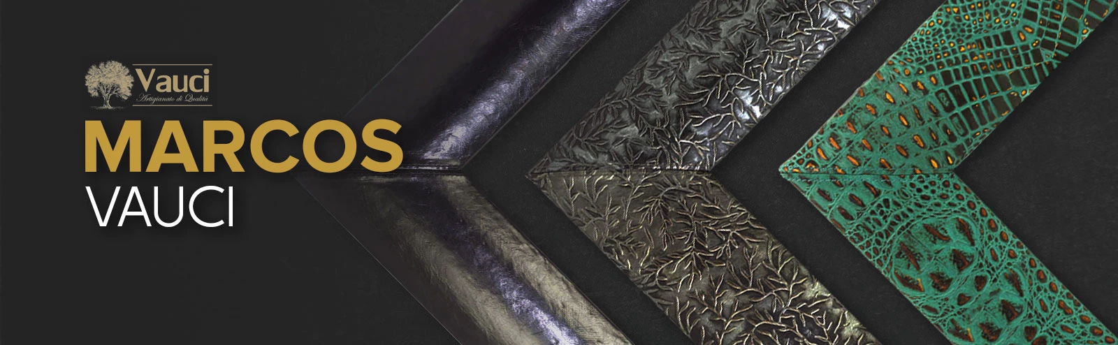 Tres estilos diferentes de marcos Vauci de color oscuro sobre una superficie negra.