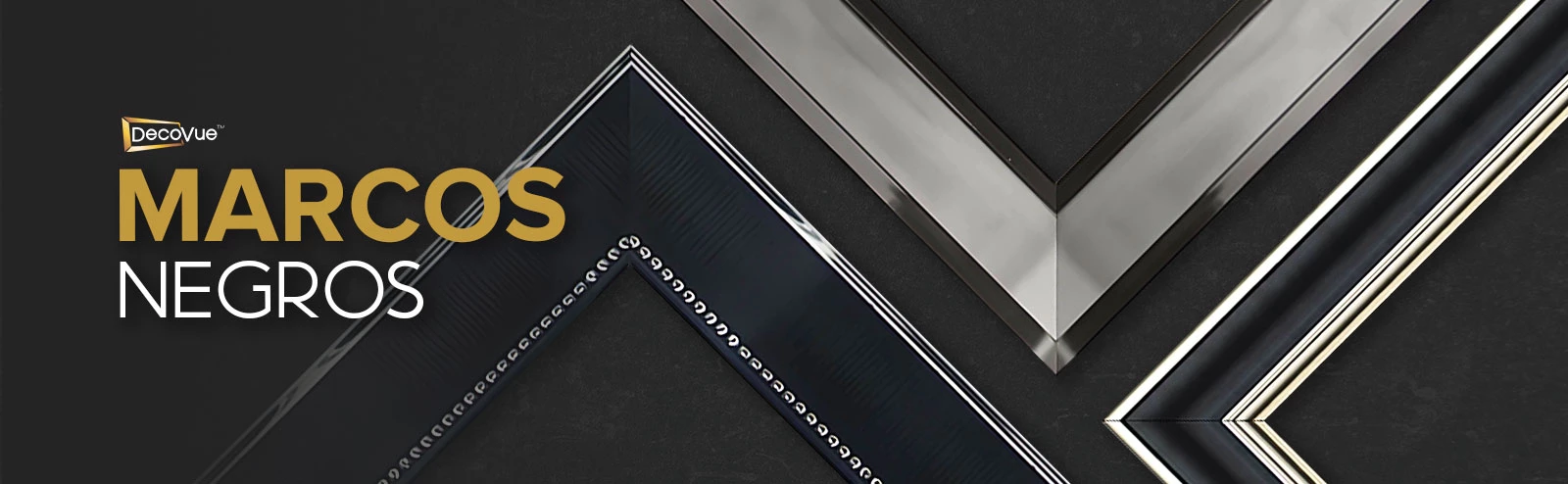 Tres estilos diferentes de marcos negros con un fondo oscuro.