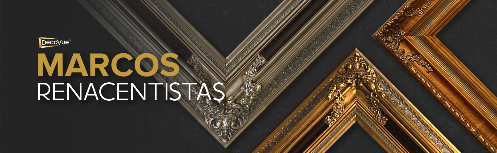 Tres estilos diferentes de marcos renacentistas sobre una superficie negra.