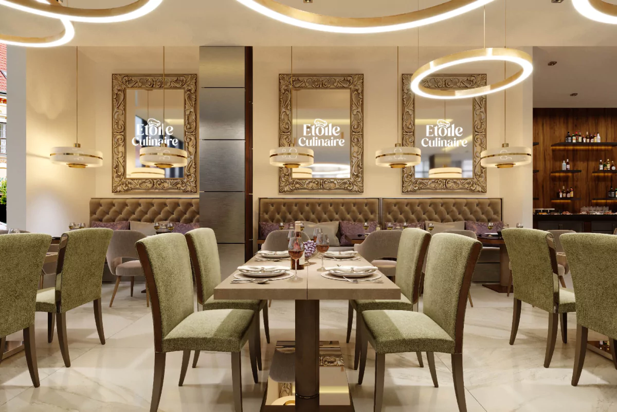 A fancy restaurant has a large dining room and led for mirror that displays names from Abu Dhabi.