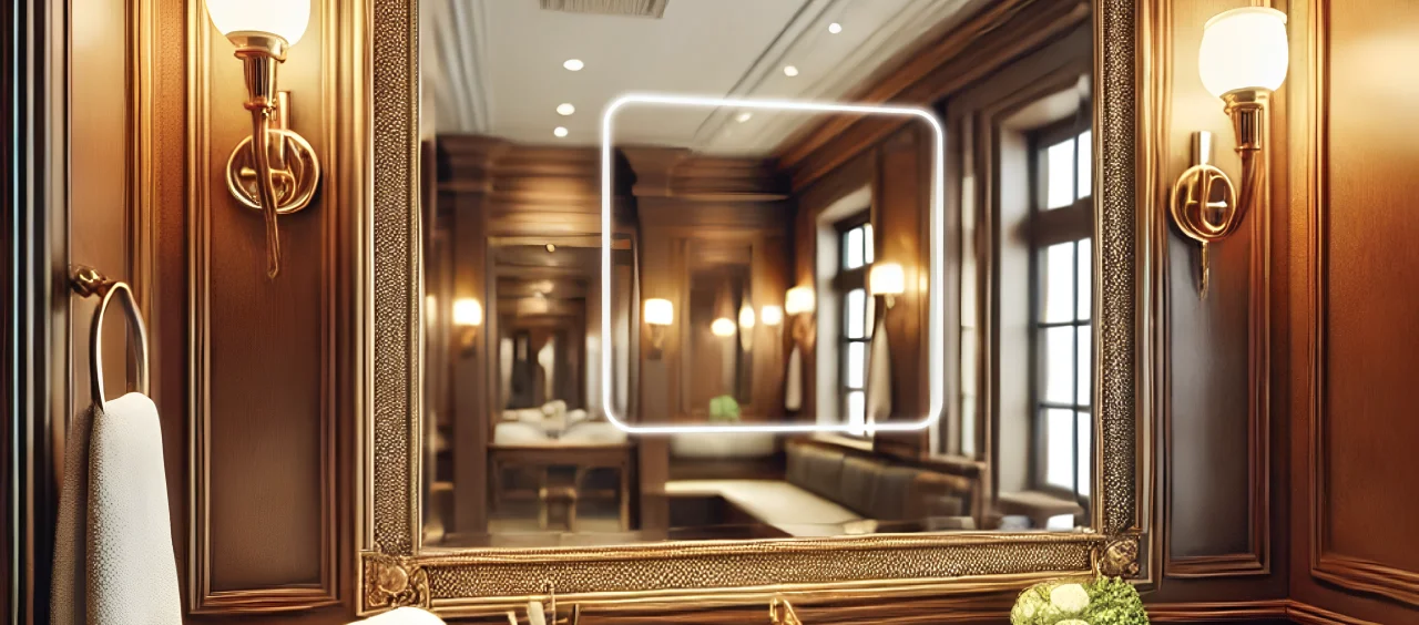 Bathroom mirror above a modern sink, reflecting a bright and inviting atmosphere in Oman.