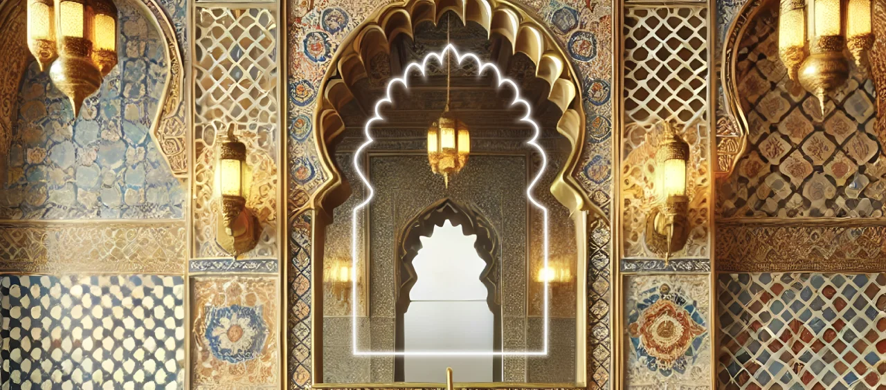 Beautiful mirror with ornate patterns, softly illuminated for an stylish look in Sharjah.
