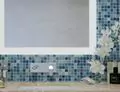 Dubai frosted vanity mirror inset on a blue mosaic wall above bathroom essentials on a sink preview.