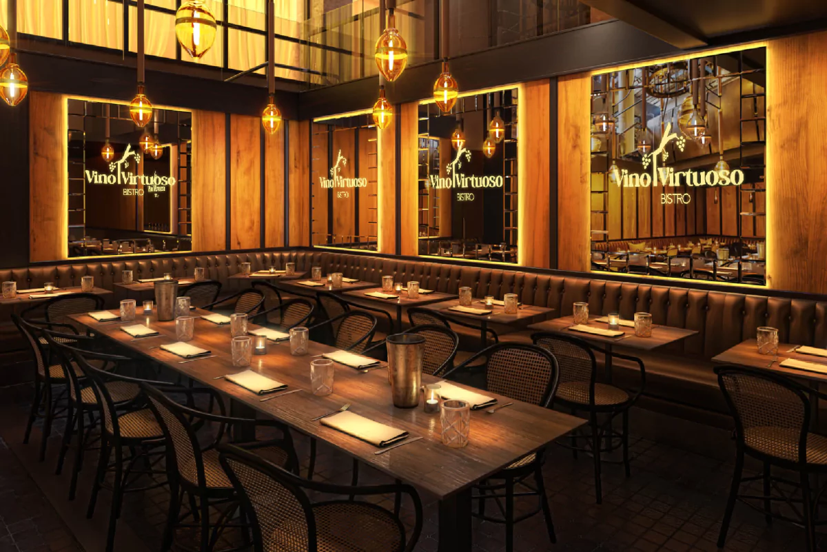 The bistro logo is seen in a restaurant with a wooden table and a warm smart mirror led from Dubai.