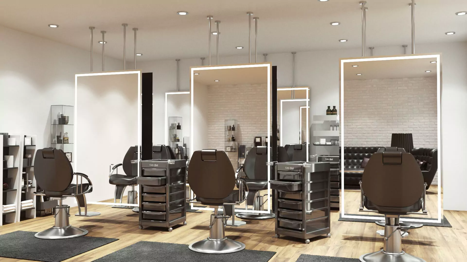 Contemporary salon with lighted mirrors, salon chairs, and stainless steel inventory carts in Dubai.