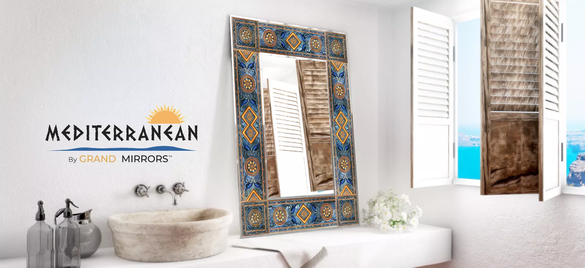 A white wall is adorned with a ceramic framed mirror that has washbowl at its side from Dubai.