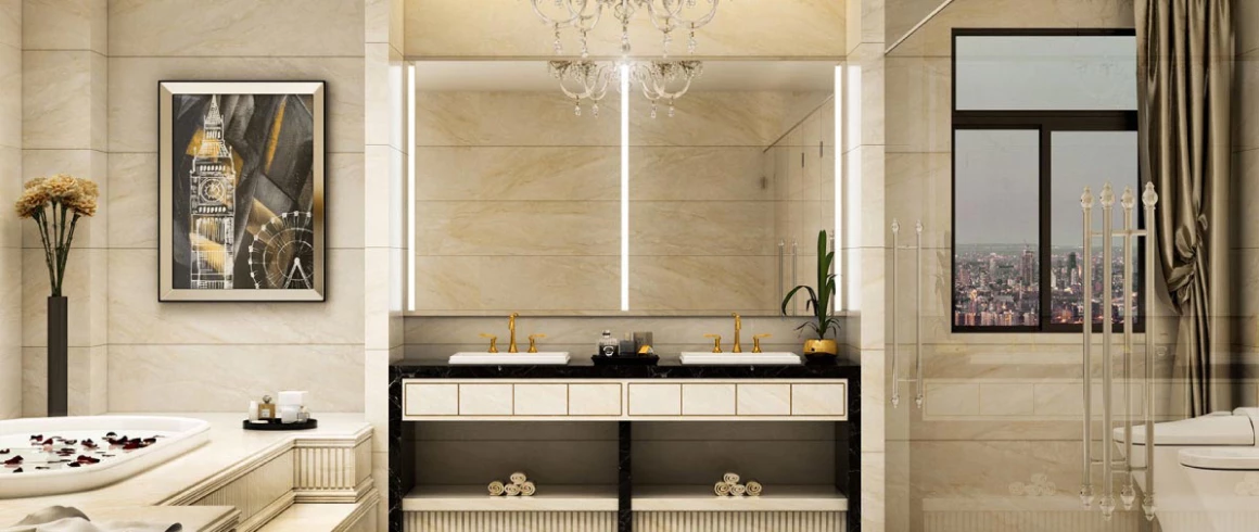 Luxurious bathroom featuring a lighted mirror, double sinks, chandelier, and elegant decor.