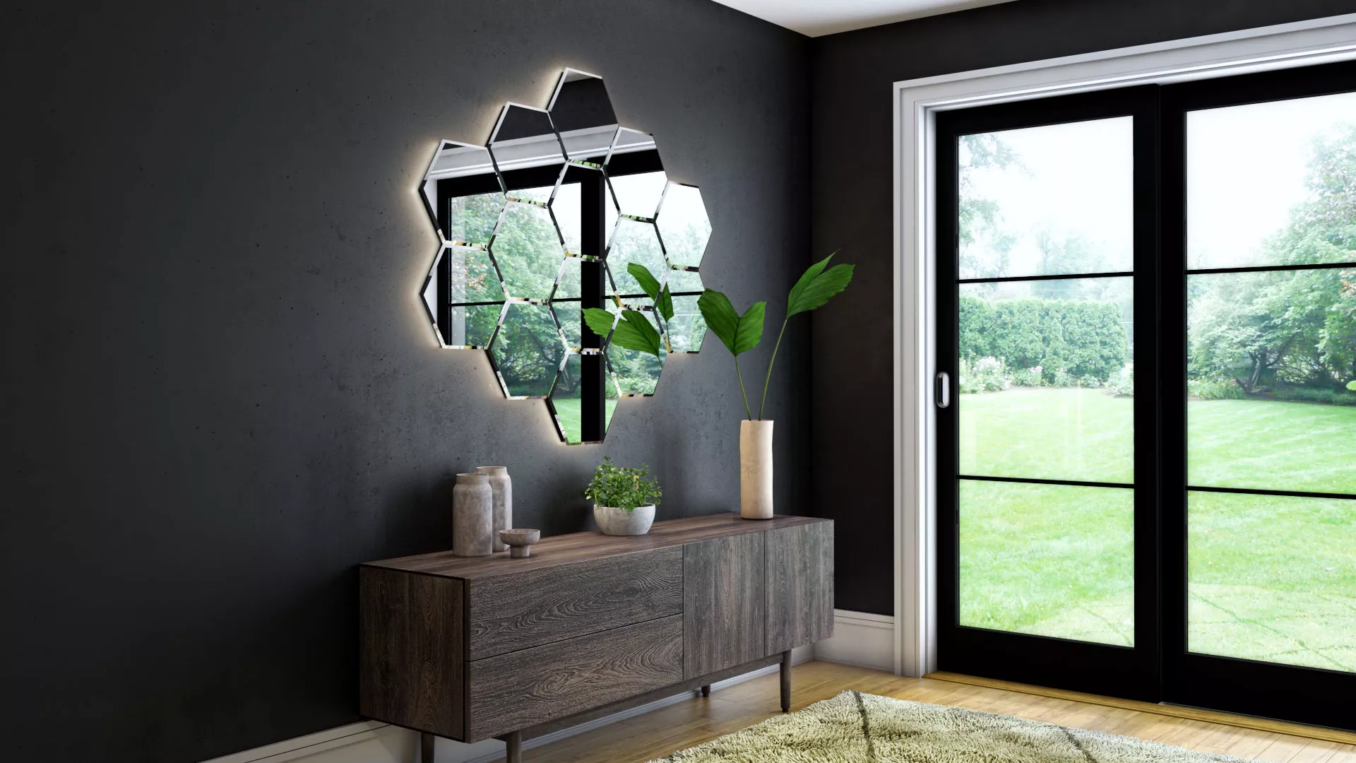 A living room with a glass door, a wooden table cabinet, and a hexagon lighted mirror from Dubai.