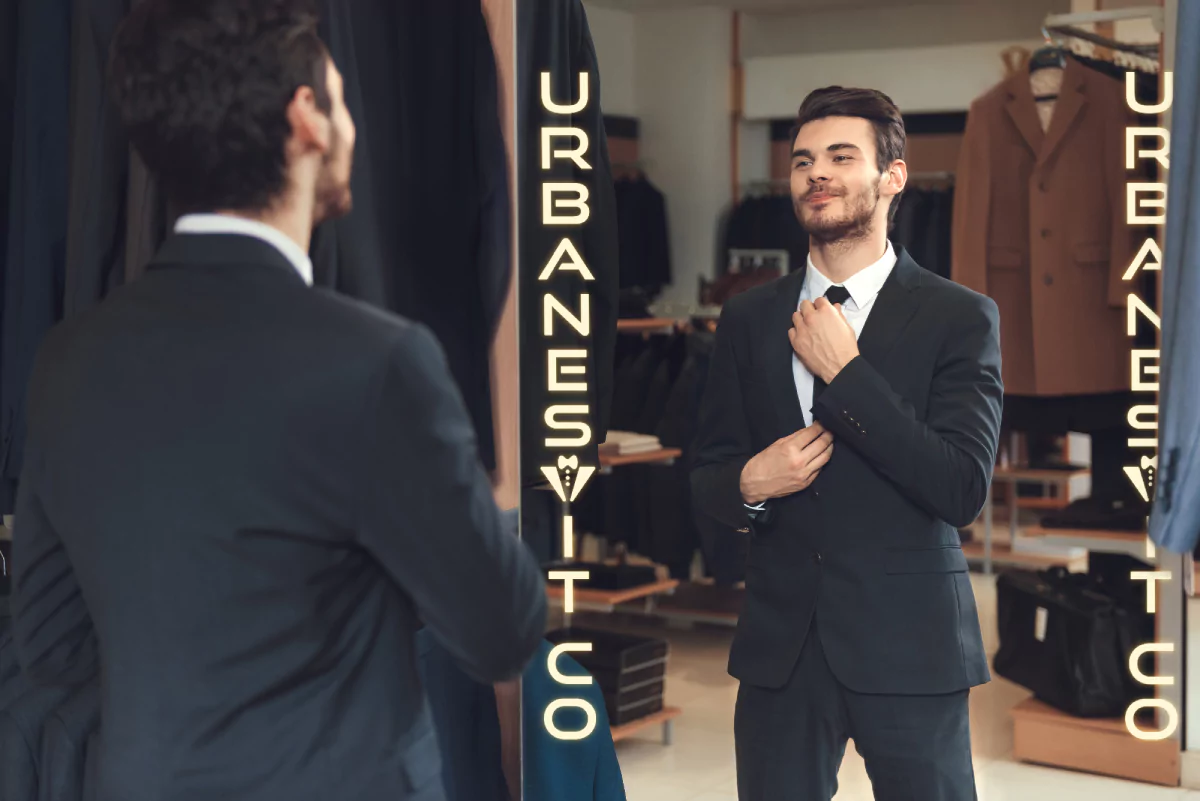 A stylish man observes his suit in a bright mirror with the companys logo led for mirror from Dubai.