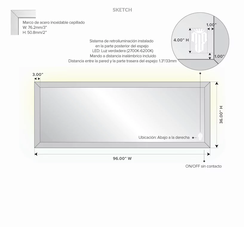 Dimensions of brushed stainless steel frame with an LED backlight mirror.