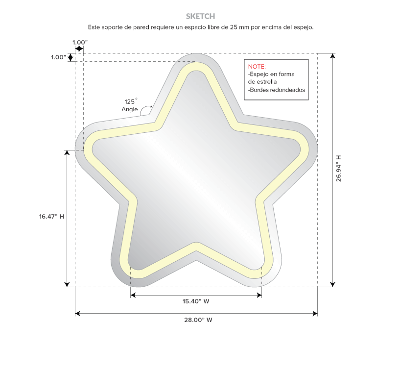 Star-shaped and rounded edges light-framed mirror with detailed dimensions.