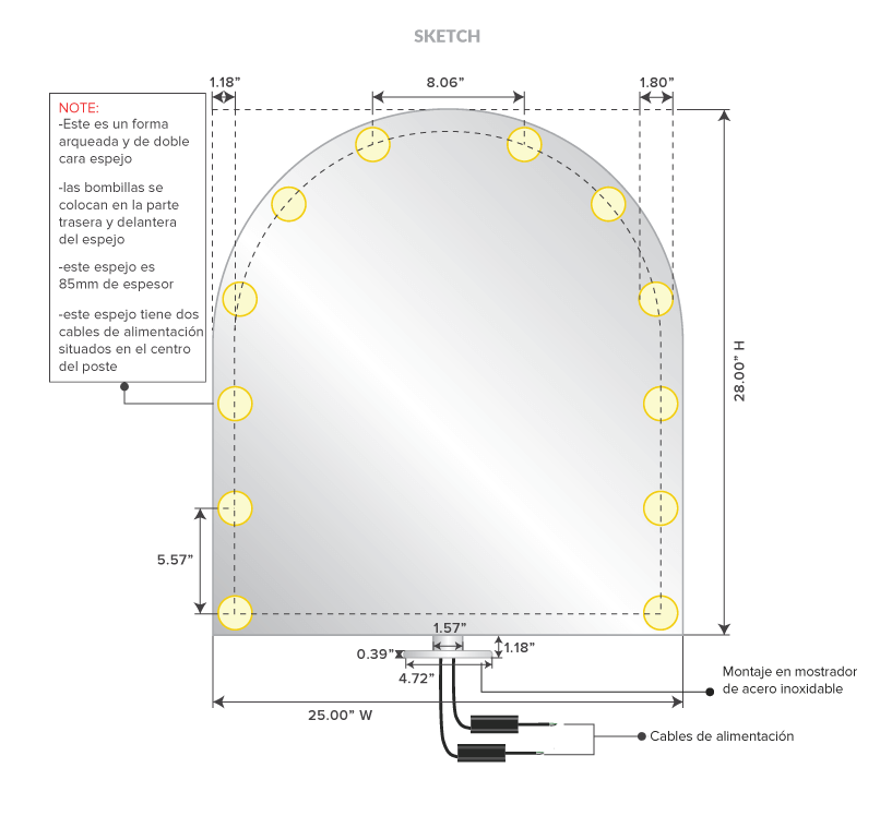 Stainless steel countertop light-enhanced mirror with precise dimensions.