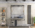 A tiny of Pizzoli lamp in a bathroom mirrors and lights with tubular radiator and a stand shelf in Sharjah.