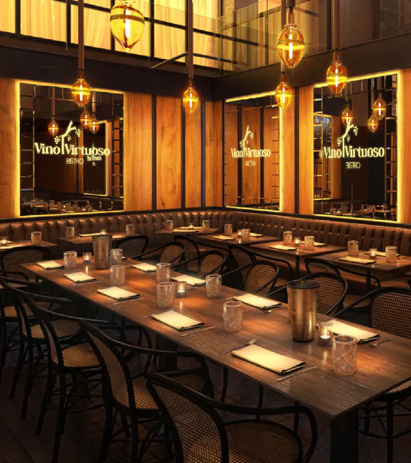 Icon of unique backlit mirror with lights adorns a quaint eatery with tables and chairs from Dubai.