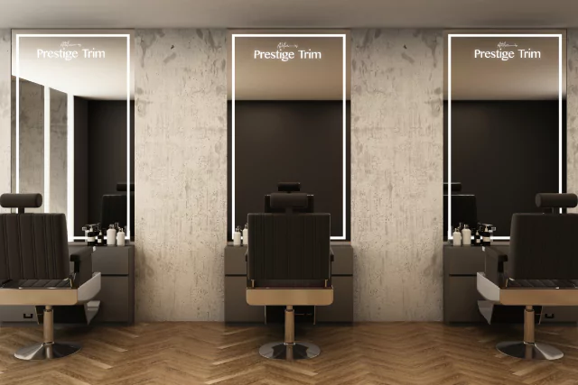 Icon of a modern salon with black chairs and full wall lit mirror with led light logo from Kuwait.