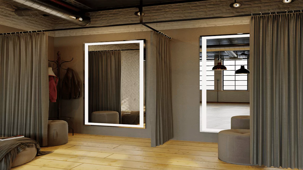 Modern fitting rooms with large custom lighted mirrors and brown cotton curtains in Kuwait.