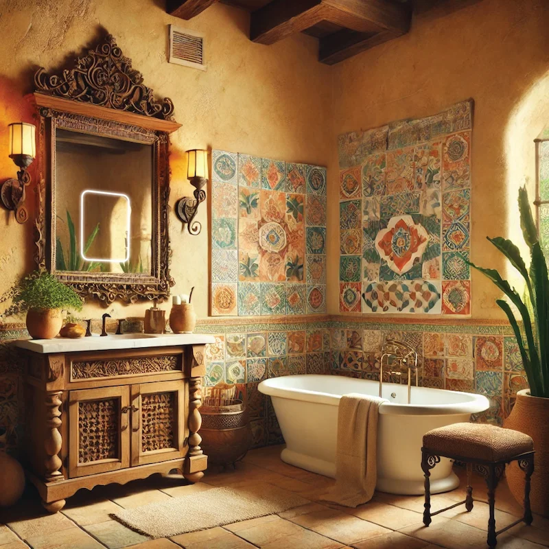 Spacious bathroom with a large tub and stylish mirror, reflecting the serene ambiance of the space in Kuwait.