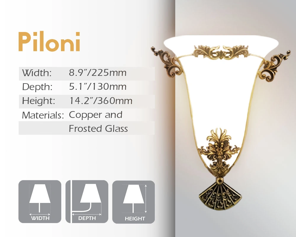 The width, depth, and height of Piloni mirror lamp consist of frosted glass and copper in Sharjah.