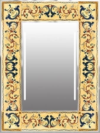 Lighted mirror featuring a yellow frame and a vibrant, one of a kind ceramic design from Bahrain.