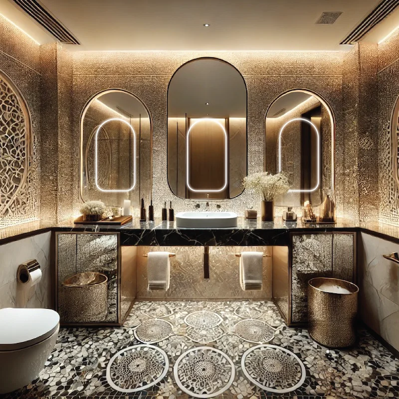 A bathroom with large mirror, and elegant gold accents throughout the space in Oman.