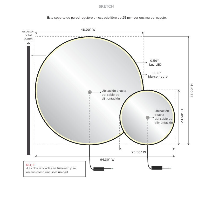 Drawing of a circle-shaped lighted mirror with black frames and dimensions.