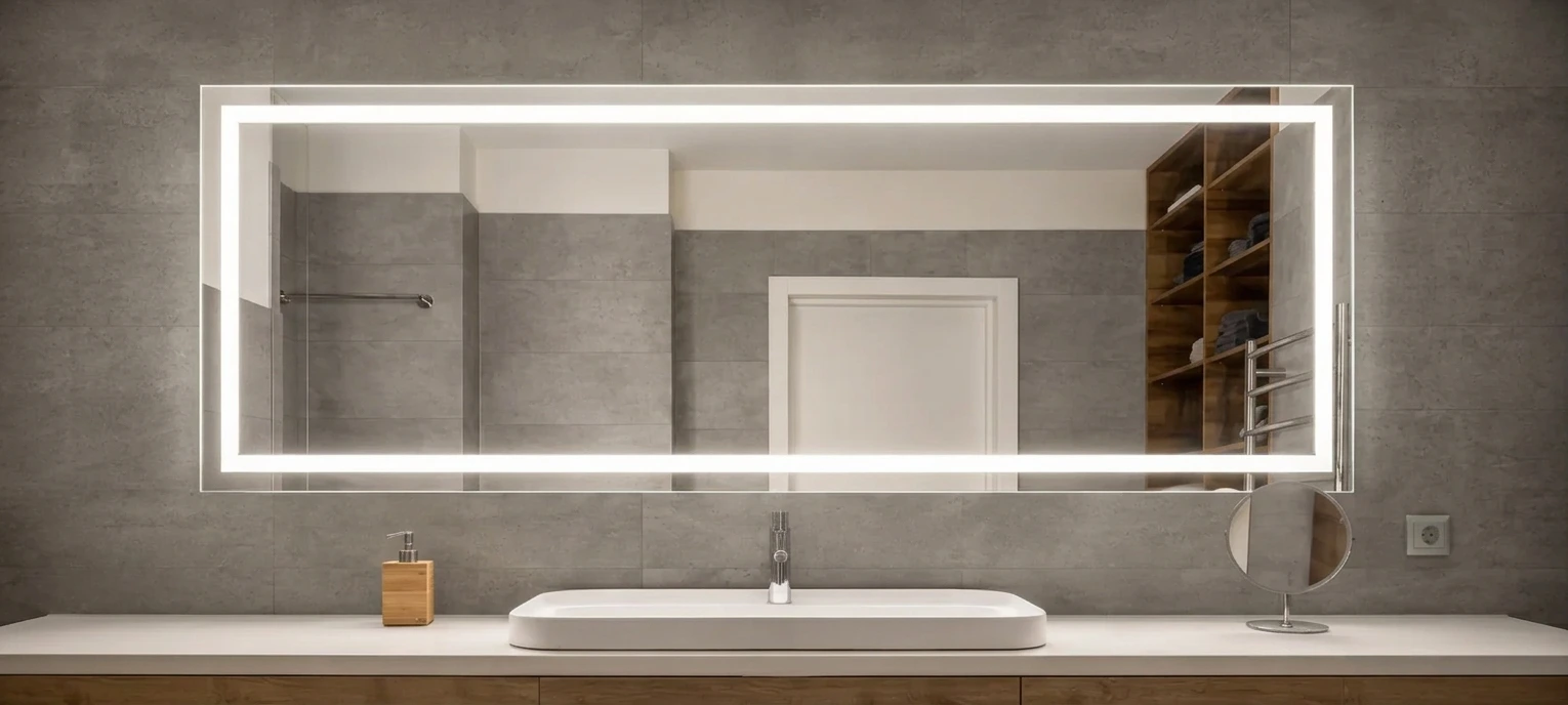 Custom frosted mirror mounted on a blue mosaic tiled wall and bathroom essentials below in Dubai.