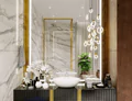 Compact of custom lighted mirror with an orchid on a black shiny sink in a modern bathroom in Oman.