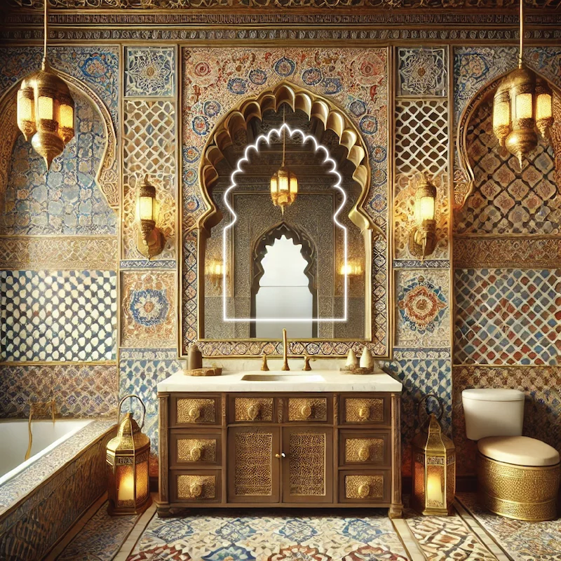 Bathroom with tile walls, a lighted mirror, intricate designs, and elegant gold accents in Oman.