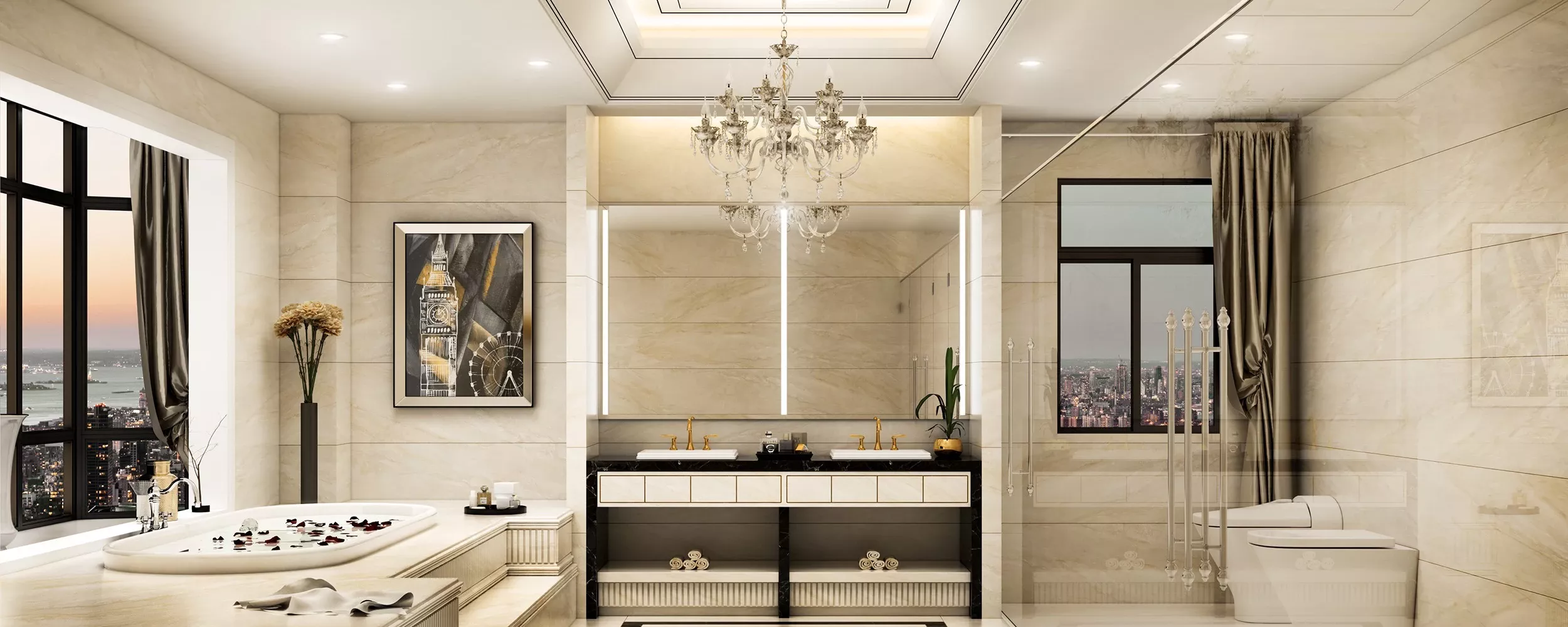 Luxurious bathroom with a bathtub full of rose petals, a chandelier, and a lighted Mirror in Oman.