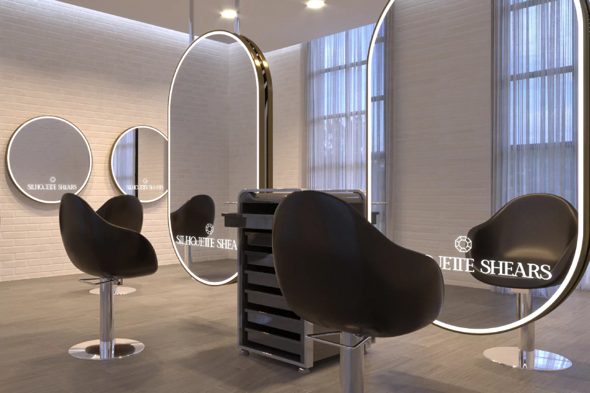 Oval and round led for mirror set on the ceiling along with black chairs and a trolley cart in Oman.