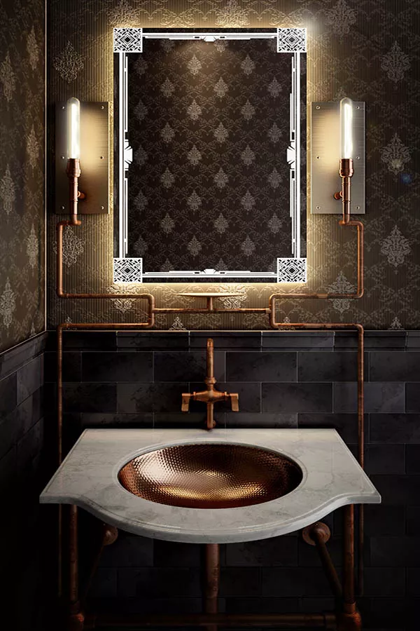 Steampunk themed bathroom with a unique backlighted mirror mounted on a wall with a sink in Oman.