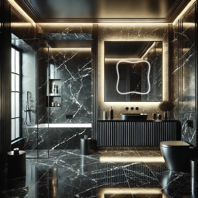 Bathroom with lighted mirror, and flooring, highlighting a refined aesthetic in Qatar.