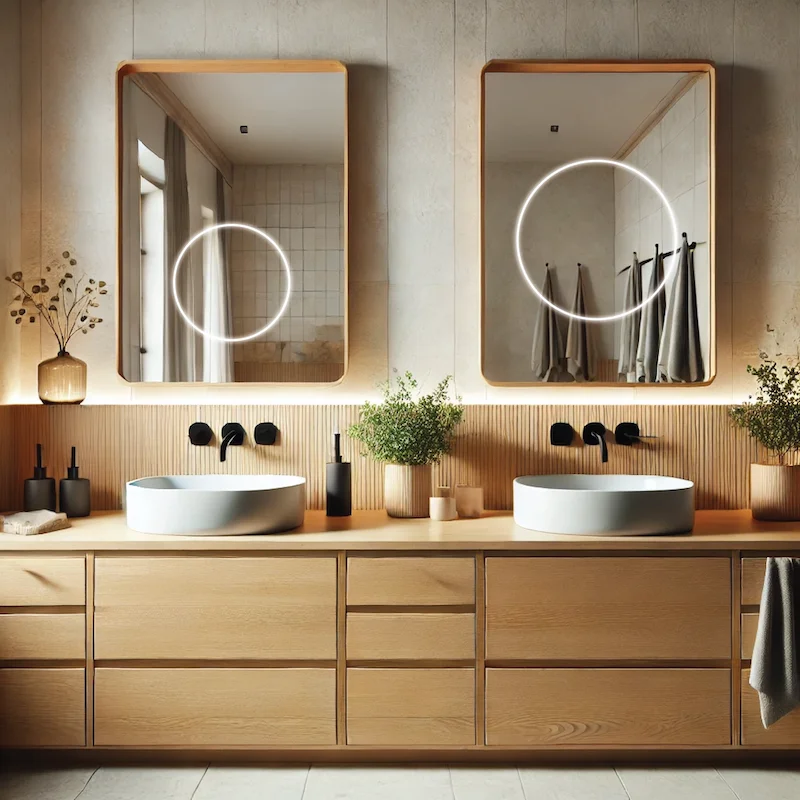 Bathroom with sinks and mirrors, enhanced by wooden cabinets in Qatar.