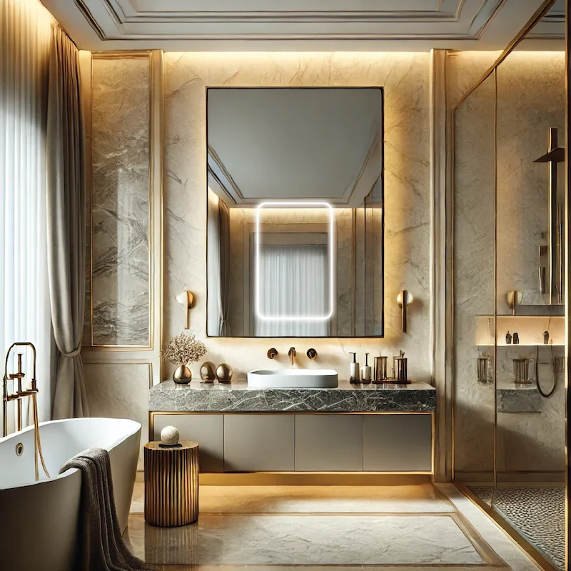 A large mirror, and gold accents, reflecting a high-end, sophisticated design in Qatar.