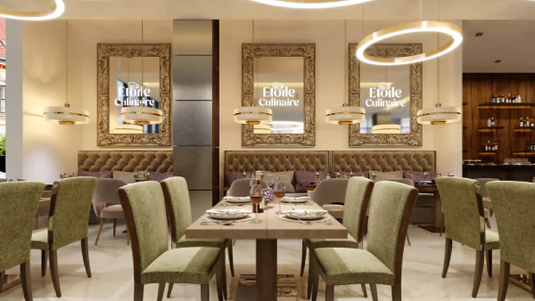 Compact of a restaurant with comfortable seats and a mirror with led light logo from Sharjah.