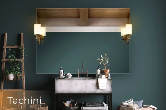 A stunning tiki lamp design in a perfect fit mirror embedded in a deep green wall from Abu-Dhabi.