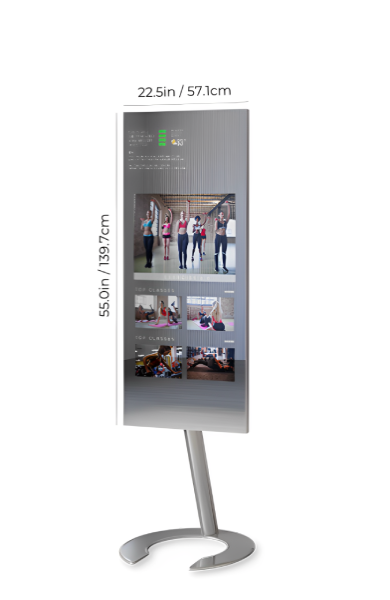 A fitness mirror with women dancing on the screen with 22 inch width and 50 inch in length.