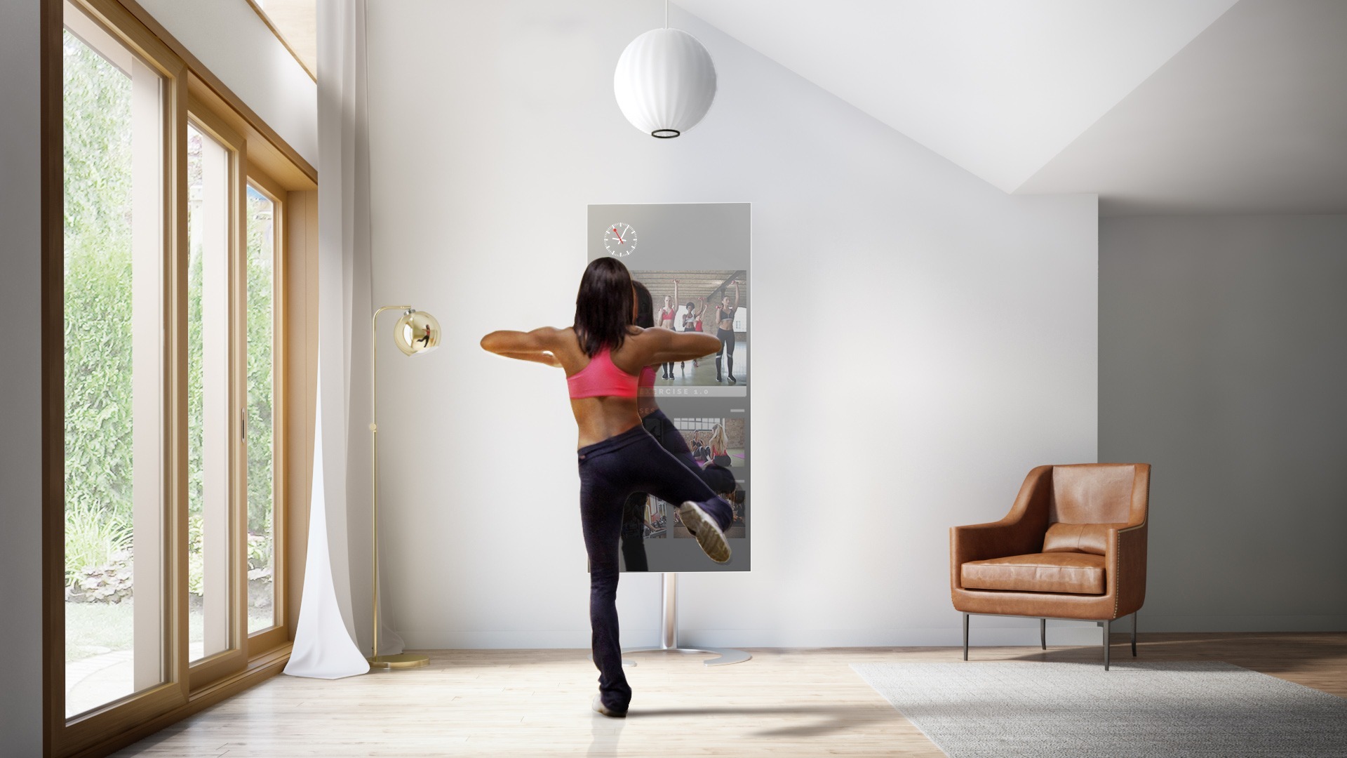 A woman exercising in front of QAIO Flex Fitness Mirror