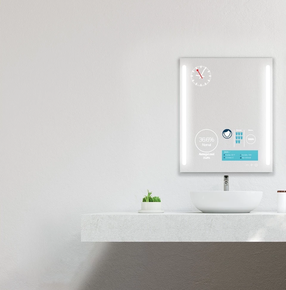 High-tech smart mirror TV showing calendar events and fitness stats.
